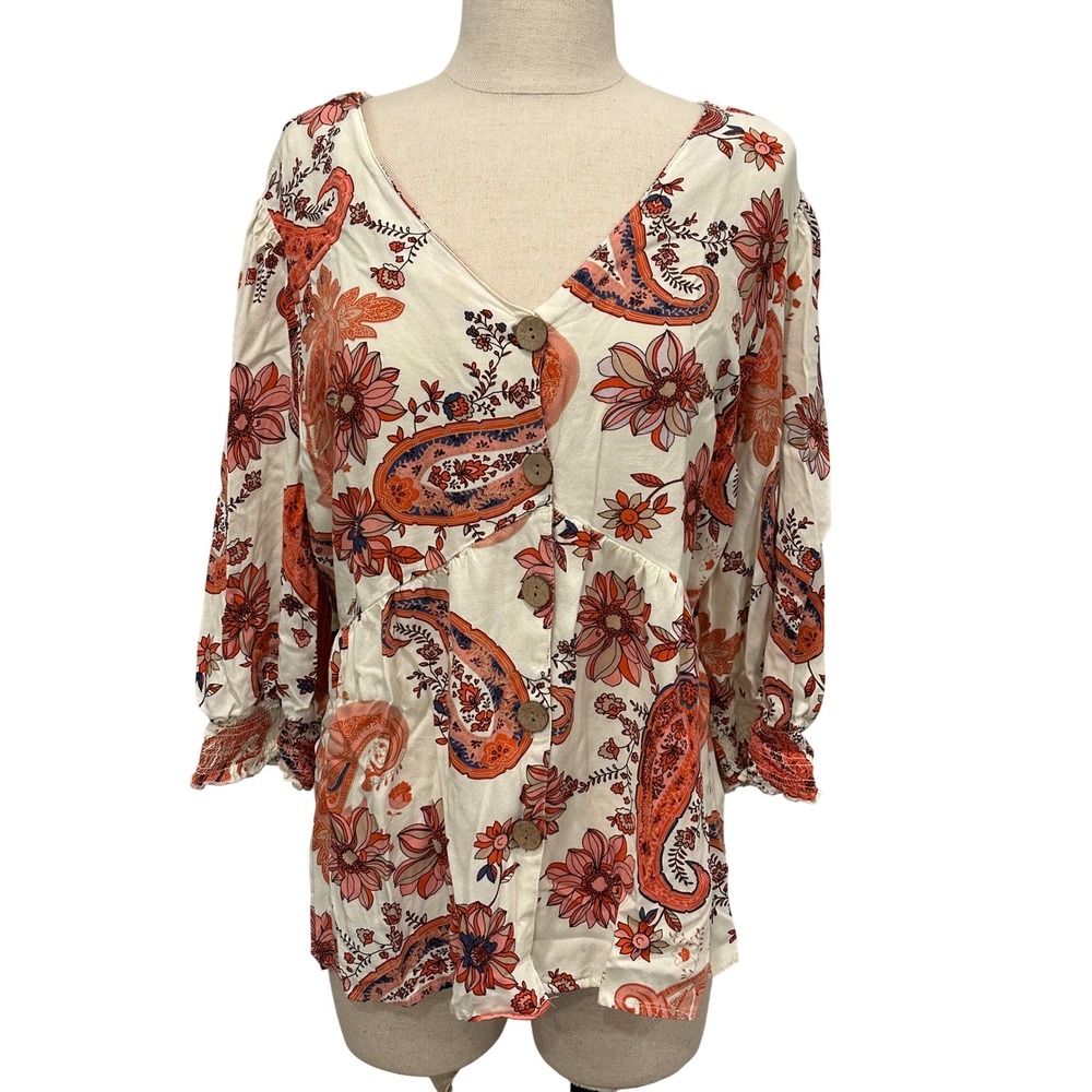 Unique Spectrum Womens 1X Paisley Floral‎ V-Neck Peplum Blouse Orange White 692